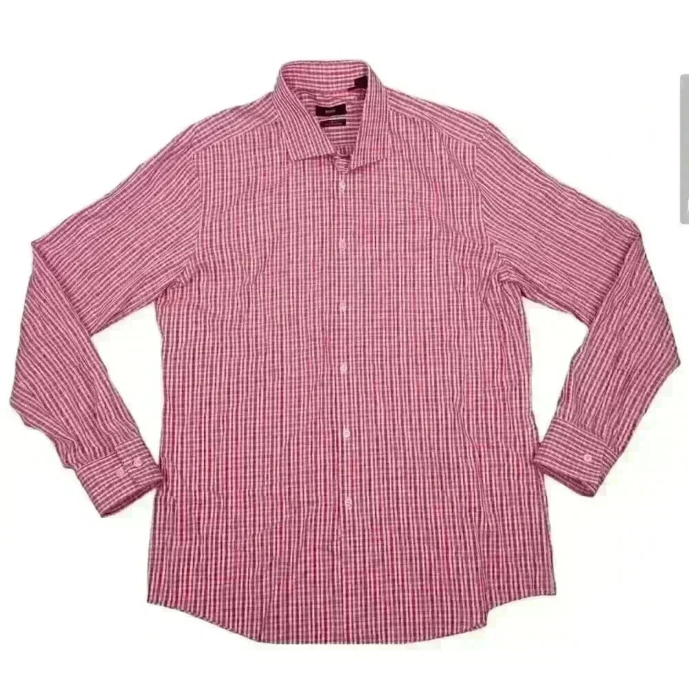 Men's Hugo Boss Button Front Pink Plaid Shirt‎ Sz 43/17 Egyptian Cotton Slim Fit